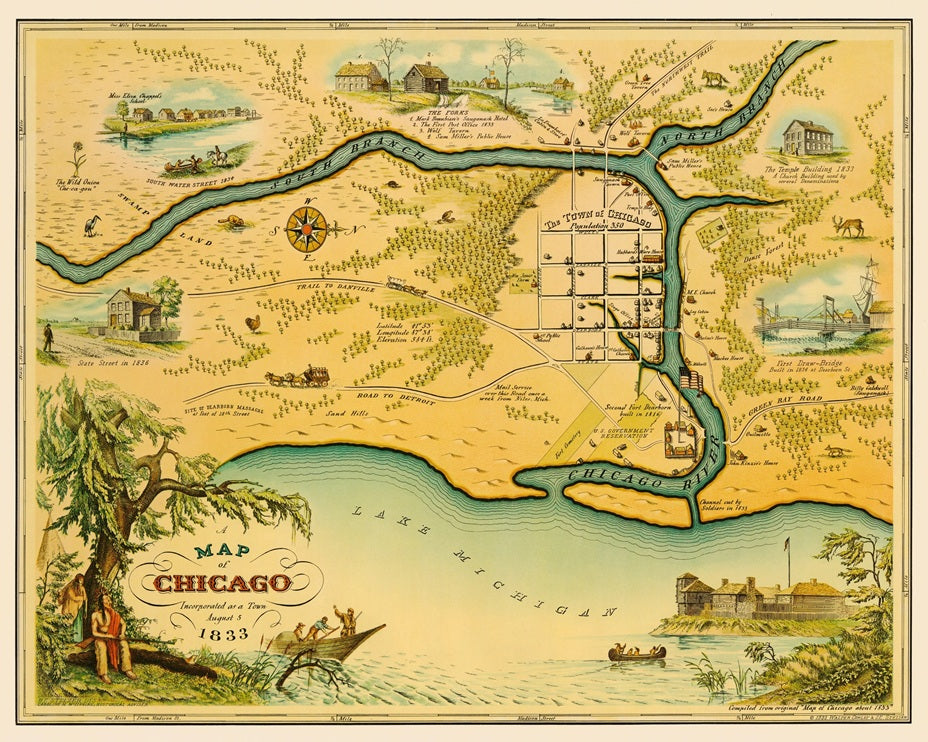 1833 Map of the town of Chicago Print