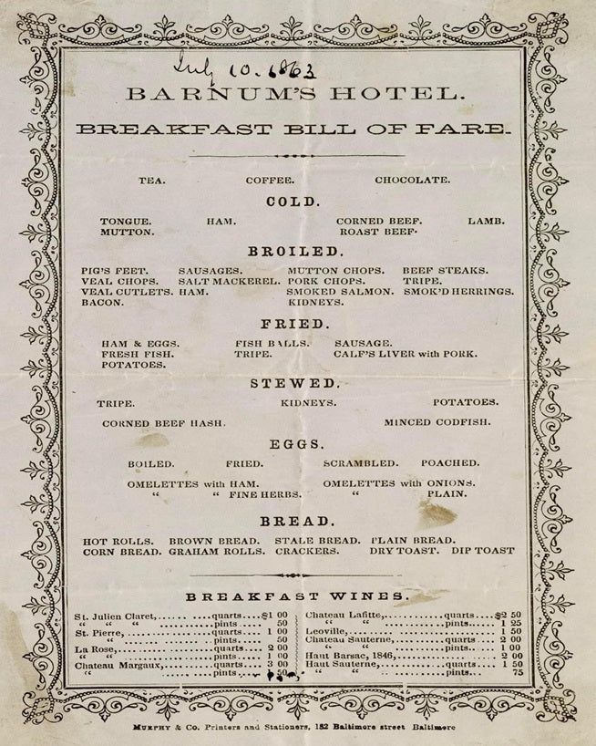 1863 Barnum's Hotel Breakfast Menu Print