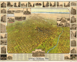 1908 Birds Eye view of Denver Map Print