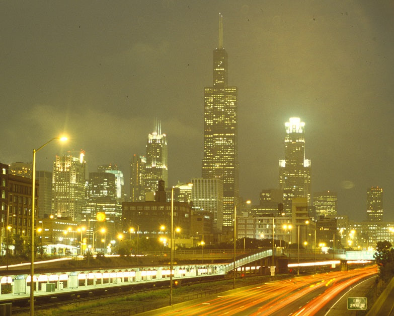 Chicago Skyline at Night 1990s Print
